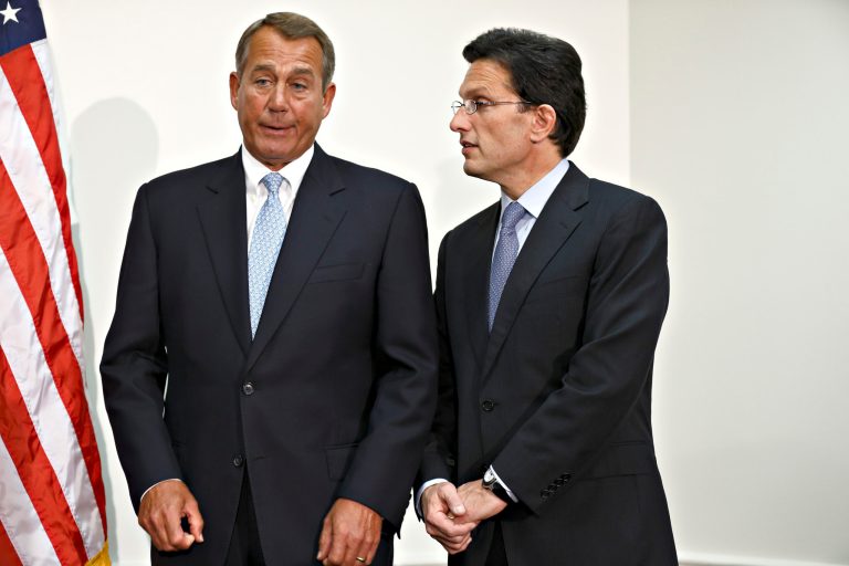 House Speaker John Boehner of Ohio, left, and House Majority Leader Eric Cantor of Va., pause during a news conference on Capitol Hill in Washington, Wednesday, Nov. 28, 2012, following a closed strategy session. (AP Photo/J. Scott Applewhite)