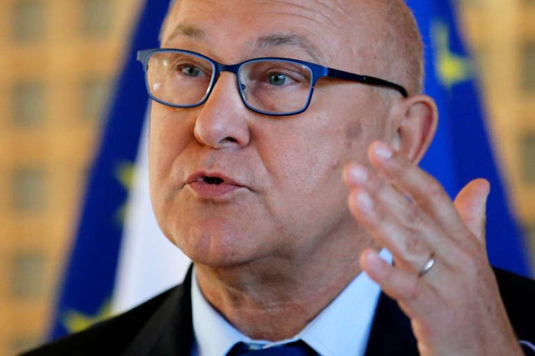 France's Finance Minister Michel Sapin announces that the country will miss the European Union's deficit target for three more years during a press conference at Bercy in Paris, Wednesday, Sept. 10, 2014. Sapin said France's deficit would be around 4.3 percent of GDP in 2015 and would not dip under the 3 percent target for EU countries until 2017. (AP Photo/Francois Mori)