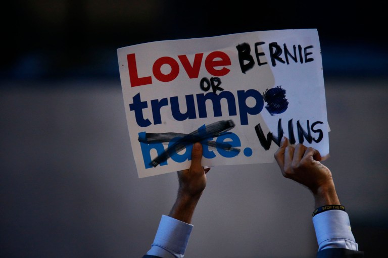 The Democrats' theme on day one of their convention was unity, but it was a hope that got no further than the rhetoric and was certainly not manifest in the mood at the convention arena. (Andrew Harrer/Bloomberg)