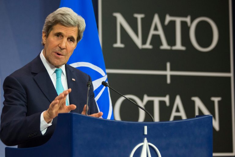 U.S. Secretary of State John Kerry speaks during a news conference at NATO Headquarters in Brussels Tuesday April 1, 2014. (AP Photo/Jacquelyn Martin, Pool)