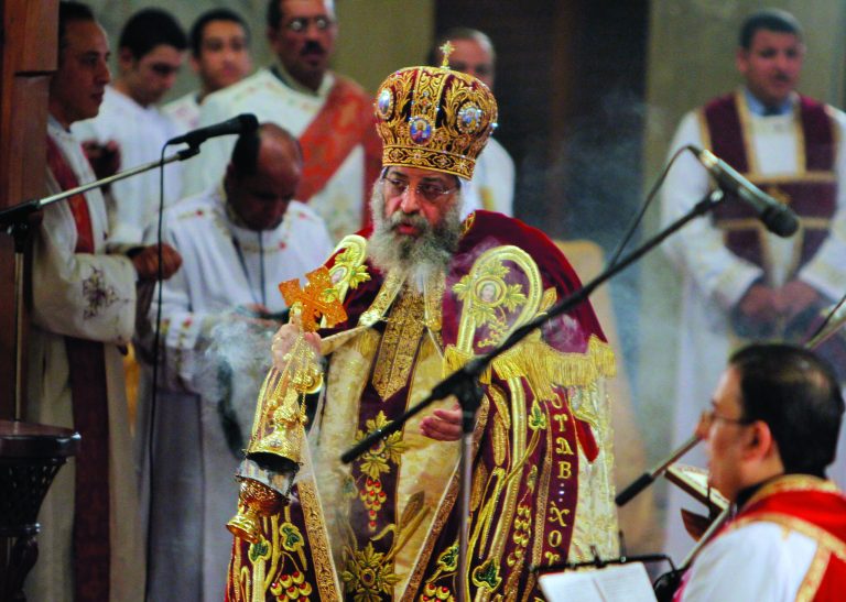 Pope Tawadros II, the 118th pope of the Coptic Church of Egypt, leads a midnight Mass on the eve of Orthodox Christmas at St. Mark's Cathedral in Cairo, Egypt, late Sunday Jan. 6, 2013. (AP Photo/Amr Nabil)