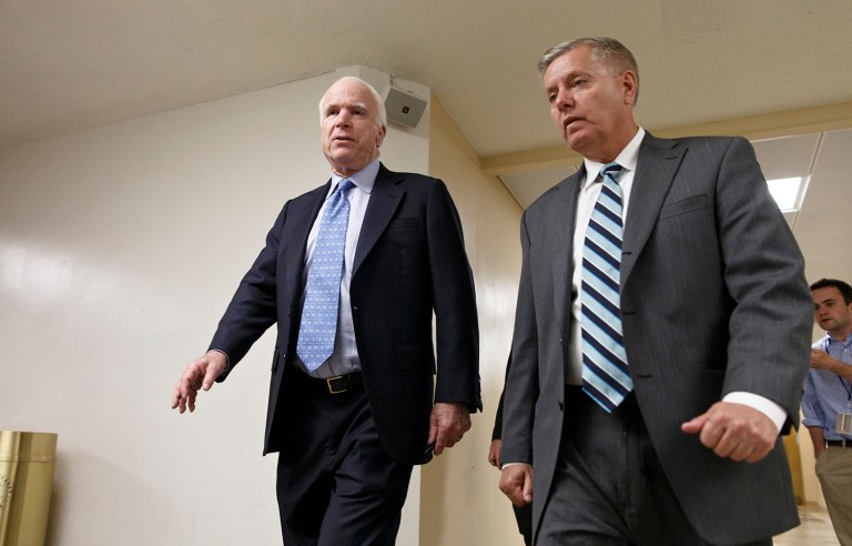 Sen. John McCain, R-Ariz., left, and Sen. Lindsey Graham, R-S.C., said they would support Rex Tillerson's nomination as secretary of state. (AP Photo/J. Scott Applewhite)