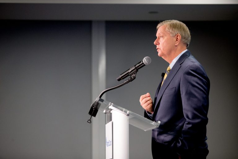 Republican presidential candidate Sen. Lindsey Graham, R-S.C. delivers remarks during the Atlantic Council's series 