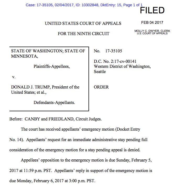 Appeals Court Denies Motion Requesting “Immediate Stay” of Ruling Halting Trump Executive Order