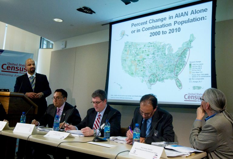 In a Wednesday, Jan. 25, 2012 file photo, from left; Racial Statistics Branch Chief of the U.S. Census Bureau Nicholas Jones presents a graph of Native American population during. (AP Photo/Manuel Balce Ceneta)