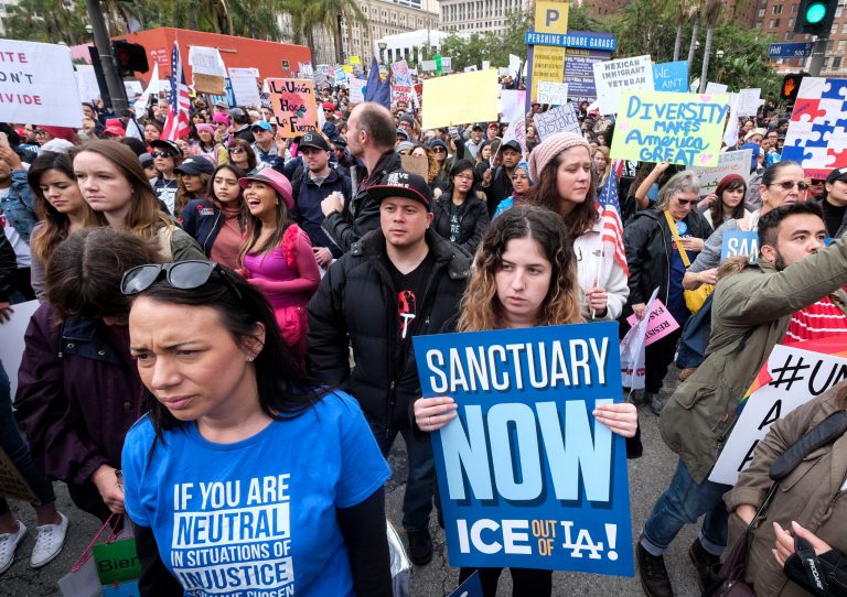 Thousands of people take part in the ``Free the People Immigration March,'' to protest actions taken by President Donald Trump and his administration, in Los Angeles Sunday, Feb. 18, 2017. March and rally organizers are calling for an end to ICE raids and deportations. (AP Photo/Ringo H.W. Chiu)