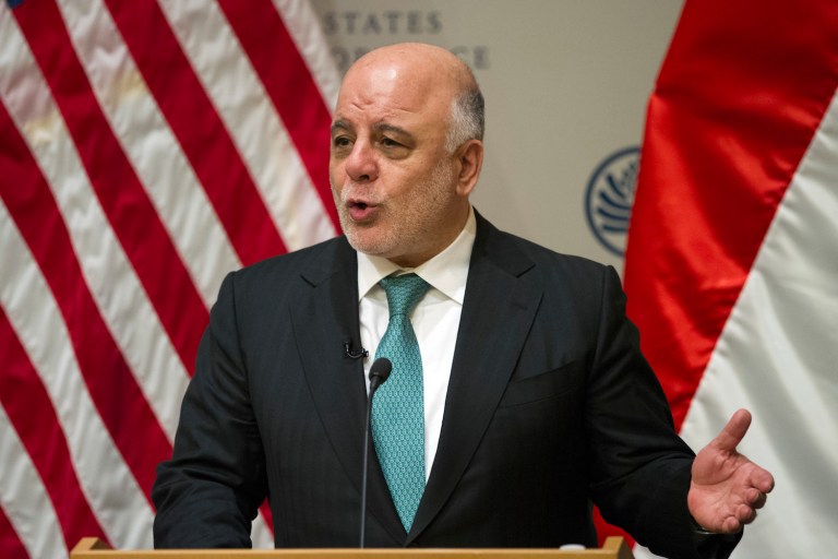 Prime Minister Haider al-Abadi seemed to joke about Trump's pledge to build a wall on the southern border with Mexico. (AP Photo/Cliff Owen)