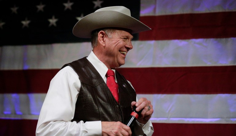 Former Alabama Chief Justice and U.S. Senate candidate Roy Moore speaks at a rally, Monday, Sept. 25, 2017, in Fairhope, Ala. (AP Photo/Brynn Anderson)