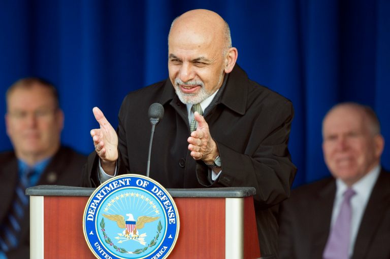 In a ceremony at the Pentagon, Afghanistan's president thanked U.S. troops and taxpayers for their sacrifices in nearly 14 years of war. (AP Photo/Cliff Owen)