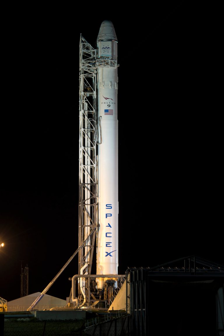 In a photo provided by NASA, the SpaceX Falcon 9 rocket, with it's Dragon spacecraft onboard, is seen shortly after it was erected at Launch Complex 40 at the Cape Canaveral Air Force Station in Florida on Friday, March 1, 2013. Launch of the second SpaceX Commercial Resupply Services mission is scheduled for later Friday morning. (AP Photo/Nasa, Bill Ingalls)
