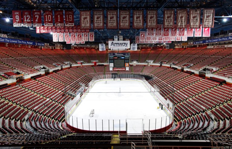   In this photo taken Tuesday, Dec. 18, 2012, championship banners and retired numbers of the Detroit Red Wings hockey team hang from the rafters above the ice at Joe Louis Arena in Detroit. The NHL lockout that's already wiped out the first three months of the season is taking its toll on small businesses in many of the NHL's markets. (AP Photo/Paul Sancya, File)  