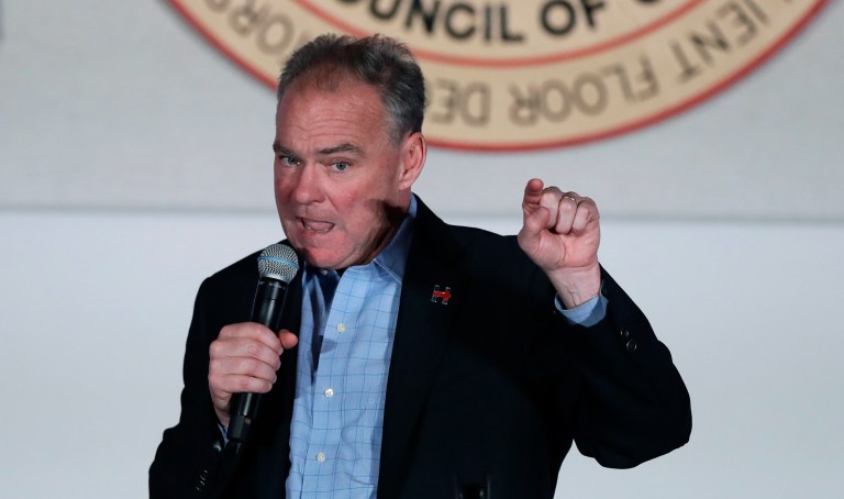 Sen. Tim Kaine, D-Va., suggested a dozen times in approximately six minutes Monday that the FBI is guilty of a double standard for revealing last week that it had found additional emails possibly related to Hillary Clinton's private sever. (AP Photo/Carlos Osorio)
