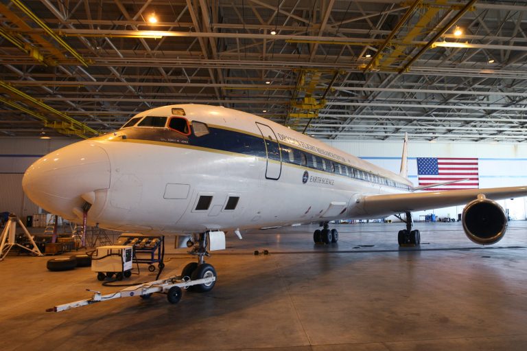 The DC-8 Airborne Science Laboratory, used in research missions involved in the Alternative Fuel Effects on Contrails and Cruise Emissions (ACCESS II) flight experiment, is seen in the NASA Armstrong Flight Research Center hangar on May 20, 2014 in Palmdale, California. (Photo by David McNew/Getty Images)