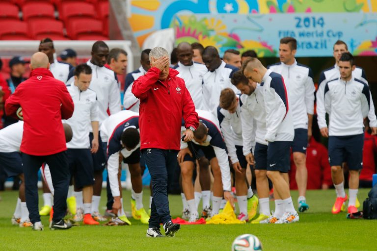 France's soccer team head coach Didier Deschamps gestures during an official training at the Estadio Beira-Rio in Porto Alegre, Brazil, Saturday, June 14, 2014. France will play in group E of the World Cup. (AP Photo/David Vincent)
