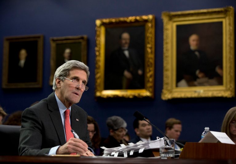 Secretary of State John Kerry testifies on Capitol Hill in Washington, Wednesday, Feb. 25, 2015, before the House Appropriations subcommittee on State, Foreign Operations and Related Agencies. Kerry has implored skeptical senators not to criticize nuclear negotiations with Iran before a deal can be crafted, but he's certain to get another round of questions about the sensitive talks from members of the House. (AP Photo/Carolyn Kaster)