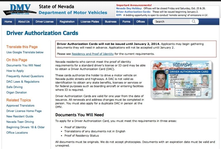 Starting Jan. 2, Nevada officials will begin accepting applications and issuing driver authorization cards to residents who can't prove their identity to qualify for a standard driver's license.