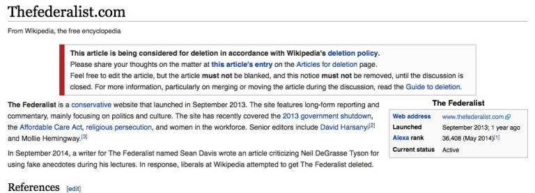 Three weeks after the oft-cited TheFederalist.com accused a popular science pundit made up quotes and numbers in a speech, Wikipedia has moved to eliminate the conservative news site. (Screenshot)