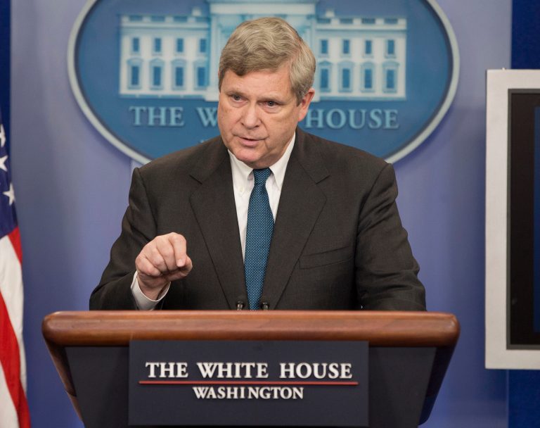 FILE - This Feb. 5, 2014 file photo shows Agriculture Secretary Tom Vilsack speaking in the White House briefing room in Washington. The number of U.S. farms is declining even as the value of their crops and livestock has increased over the past five years, a new government census of America's agriculture says. Also, farmers are getting older _ the average age was 58.3 years. But Vilsack points to a bright spot: a small rise in the number of farmers between 25 and 34 years old.  (AP Photo/Pablo Martinez Monsivais, File)