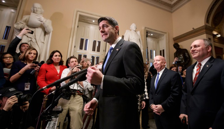 House Republicans meet reporters just after passing the Republican tax reform bill in the House of Representatives. The vote, largely along party lines, was 227-203 and capped a GOP sprint to deliver a major legislative accomplishment to President Donald Trump after a year of congressional stumbles. (AP Photo/J. Scott Applewhite)