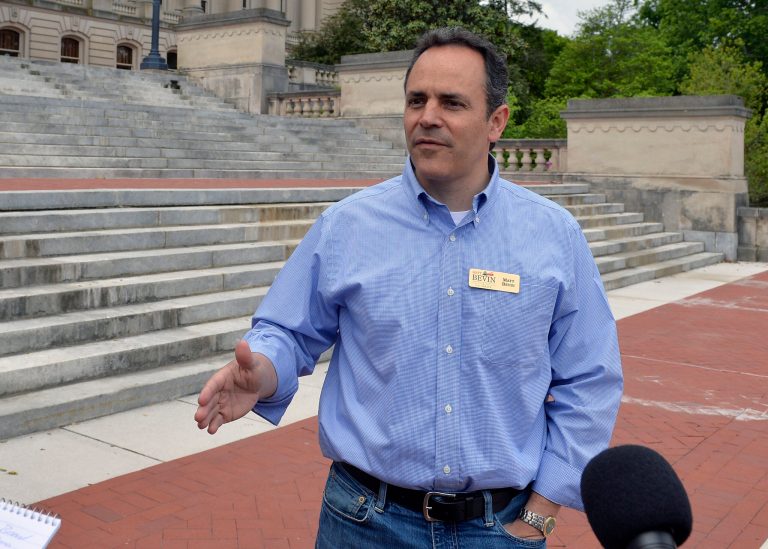 Kentucky Republican senatorial candidate Matt Bevin speaks with reporters on the steps of the Kentucky State Capitol in Frankfort, Ky. (AP Photo/Timothy D. Easley)
