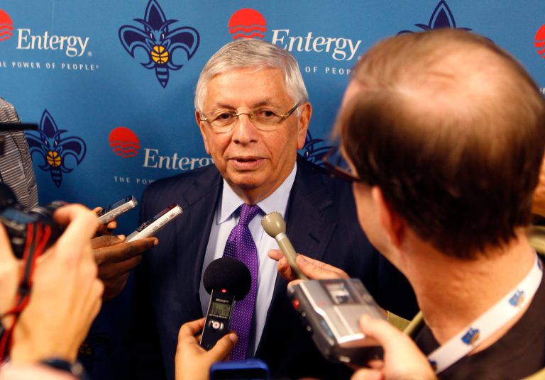   NBA Commissioner David Stern talks to reporters before a basketball game between the New Orleans Hornets and the Los Angeles Lakers in New Orleans, Wednesday, Dec. 5, 2012. (AP Photo/Gerald Herbert)  