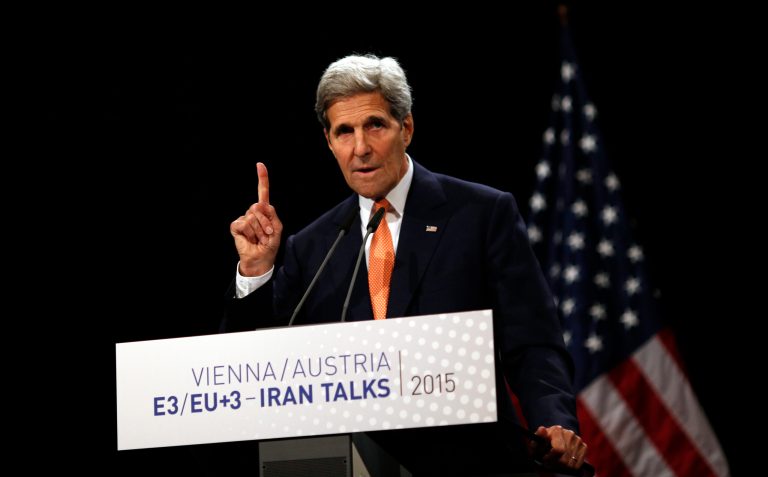 U.S. Secretary of State John Kerry delivers a statement on the Iran talks deal Tuesday, July 14, 2015. The world powers and Iran struck a landmark deal to curb Iran's nuclear program in exchange for billions of dollars in relief from international sanctions. (Carlos Barria, Pool Photo via AP)