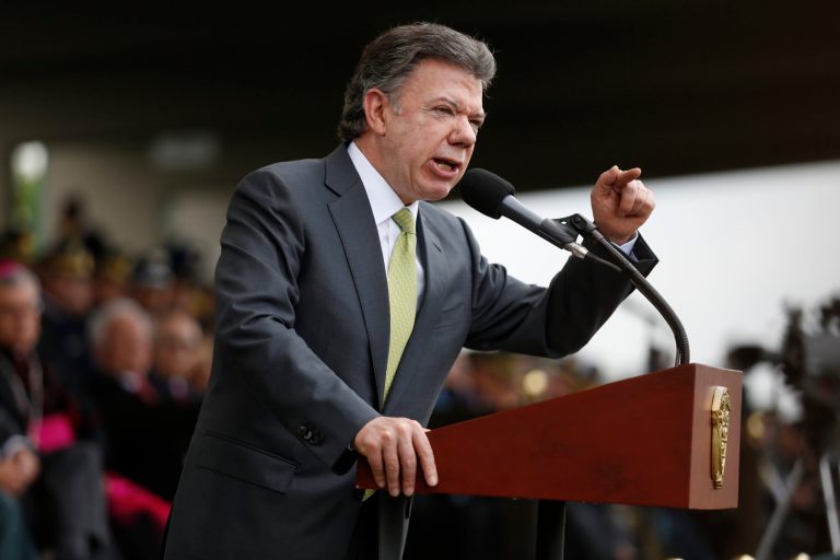 Colombia's President Juan Manuel Santos delivers a speech during a military ceremony in Bogota, Colombia. (AP/Fernando Vergara)