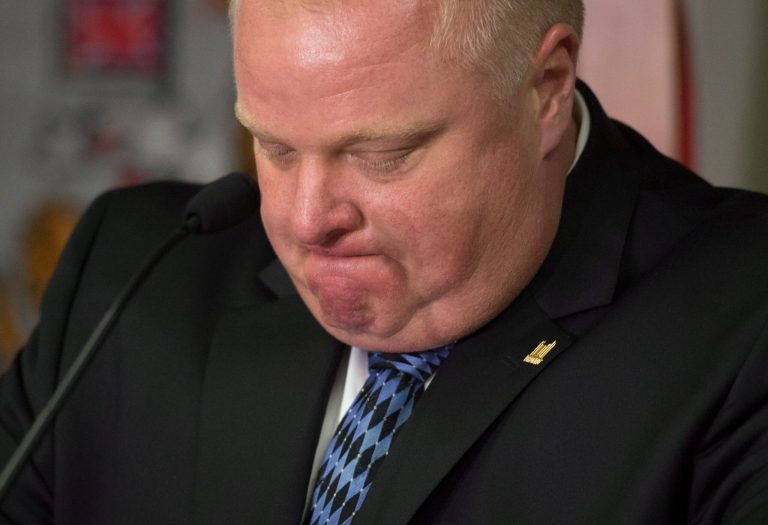 Toronto Mayor Rob Ford holds back his emotions while speaking during an invite-only press conference at City Hall in Toronto after his stay in a rehabilitation facility, on Monday June 30, 2014. Ford returned to work Monday after a two-month stay a facility in Ontario. He was in rehab for alcohol addiction after announcing in April that he was seeking treatment. (AP Photo/The Canadian Press, Darren Calabrese)