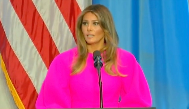 Trump, a former model, wore a dress by Delpozo, a luxury pret-a-couture fashion brand whose creative direction is overseen by Josep Font. (Image courtesy screenshot)