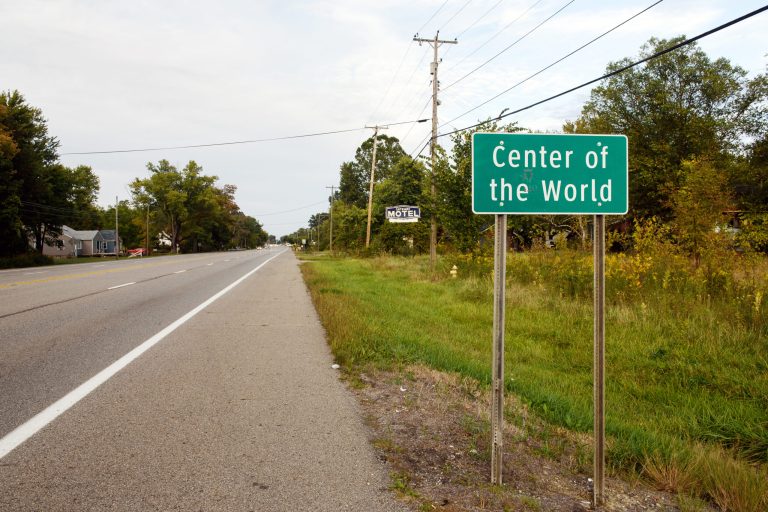 A sign marking 'Center of the World' along State Route 82 in Center of the World, Ohio. (Justin Merriman for The Washington Examiner)