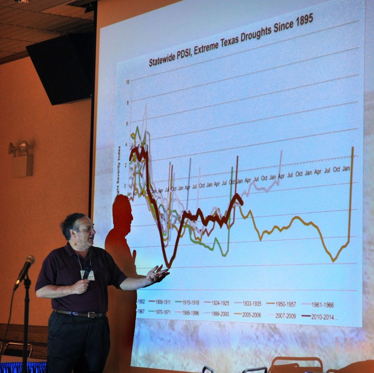 John Nielson-Gammon, Texas state climatologist, presents a variety of looks at the history of rainfall in the state and possible outlooks for the future of the drought during the Drought Outlook and Assessment Forum Tuesday morning, June 24, 2014, at the Ray Clymer Exhibit Hall in Wichita Falls, Texas.  (AP Photo/Wichita Falls Times Record News, Torin Halsey)