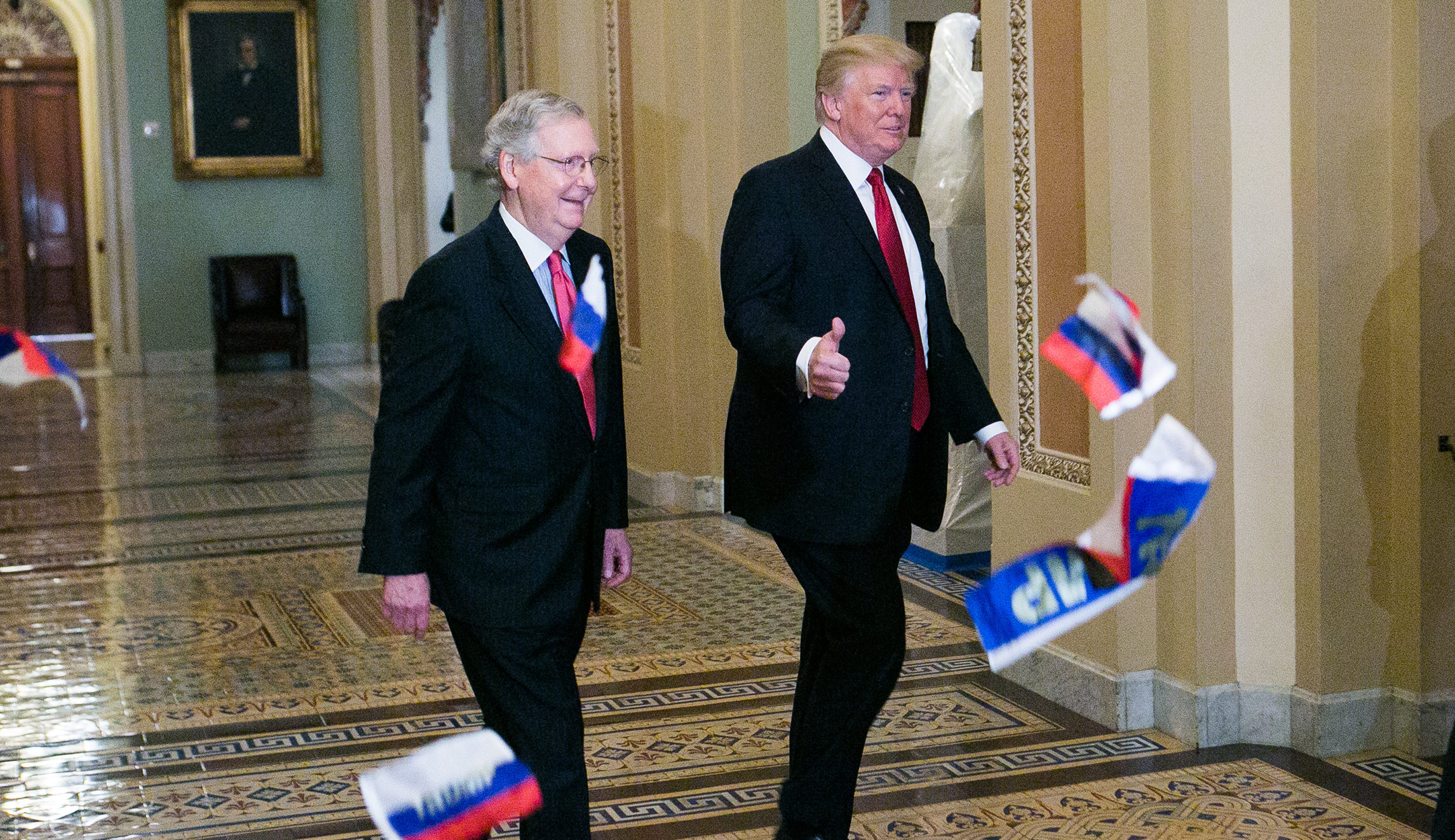 Police charge man who threw Russian flags at Trump