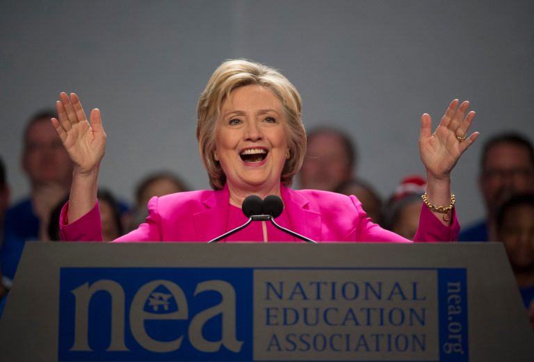 Democratic presidential candidate Hillary Clinton arrives to address the The National Education Association (NEA) Representative Assembly in Washington, Tuesday, July 5, 2016. (AP Photo/Molly Riley)