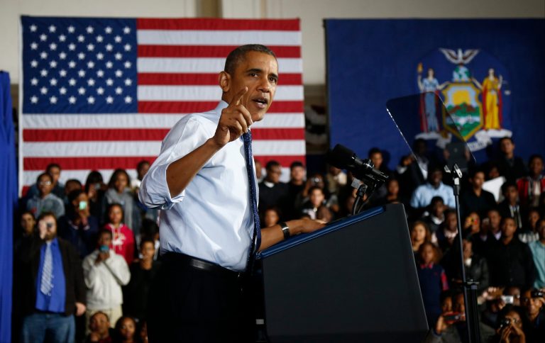 President Barack Obama speaks about the importance of education in providing skills for American workers in a global economy, Friday, Oct. 25, 2013, during a visit at Pathways in Technology Early College High School (P-TECH) in Brooklyn borough of New York. (AP Photo/Charles Dharapak)
