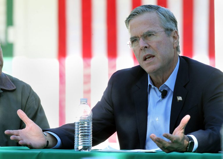 Republican presidential candidate Jeb Bush answers a question after he announced his plan to modify the management of western public lands, during a western policy roundtable, Wednesday, Oct. 21, 2015, at Rancho San Raffle Park in Reno, Nev. (AP Photo/Lance Iversen)