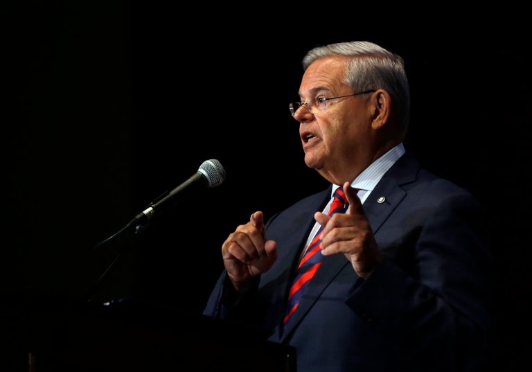 Sen. Bob Menendez addresses a gathering at Seton Hall University Tuesday, Aug. 18, 2015, in South Orange, N.J. (AP Photo/Mel Evans)