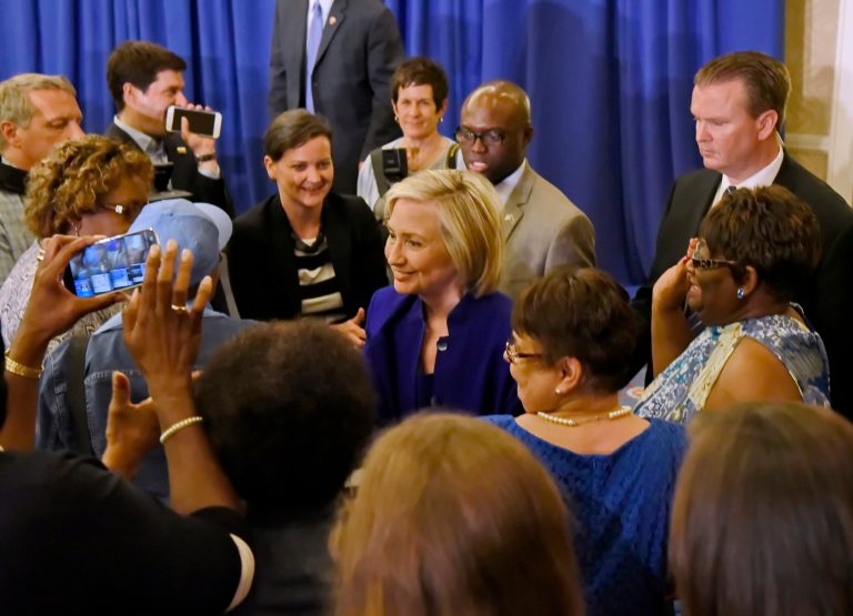 Democratic presidential candidate, former Secretary of State Hillary Rodham Clinton greets guests after speaking at the South Carolina House Democratic Women's Caucus and Women's Council, Wednesday, May 27, 2015, in Columbia, S.C. (AP Photo/Richard Shiro)