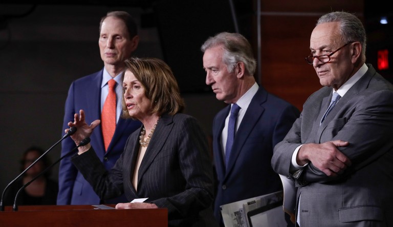 From left, Sen. Ron Wyden, D-Ore., the ranking member of the Senate Finance Committee, House Minority Leader Nancy Pelosi, D-Calif., Rep. Richard Neal, D-Mass., the ranking member of the Ways and Means Committee, and Senate Minority Leader Chuck Schumer, D-N.Y., hold a news conference on Capitol Hill to respond to the Republican tax reform plan in Washington, Thursday, Nov. 2, 2017. (AP Photo/J. Scott Applewhite)