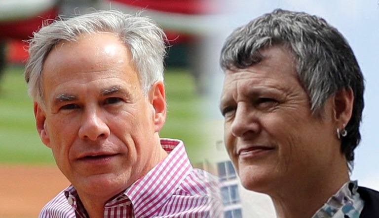 Greg Abbott and Sarah Eckhardt are seen.