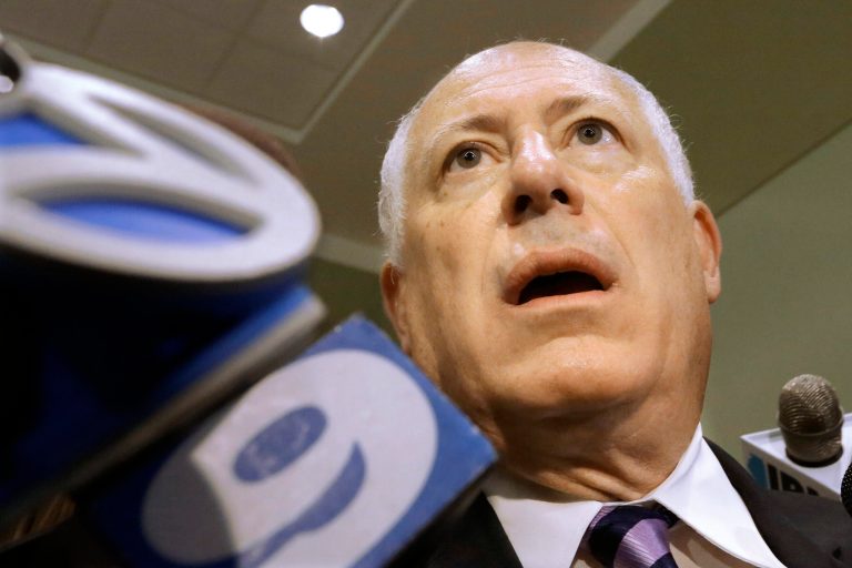 Illinois Gov. Pat Quinn speaks to reporters at the Illinois Democratic County Chairmen's Association's annual state fair Governor's Day brunch in Wednesday, Aug. 13, 2014, in Springfield, Ill.  (AP Photo/Seth Perlman)