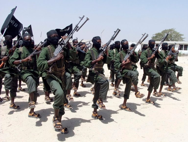 Hundreds of newly trained al Shabab fighters perform military exercises in the Lafofe area some 18km south of Mogadishu, Somalia.