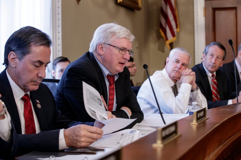 From left, Rep. Gary Palmer, R-Ala., Rep. Glenn Grothman, R-Wis., Rep. Steve Womack, R-Ark., and Rep. Mark Sanford, R-S.C., and the House Budget Committee members work on the Republican health care bill on Capitol Hill on March 16. (AP Photo/J. Scott Applewhite)