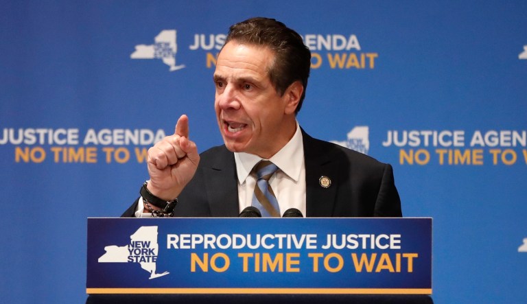 In this Monday, Jan. 7, 2019, file photo, Gov. Andrew Cuomo speaks during an appearance with former Secretary of State Hillary Clinton where both Democrats called for codifying abortion rights into New York State law during a joint appearance at Barnard College in New York.
