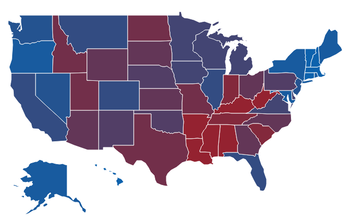 The bluer the state, the more support for legal abortion. Scroll down for the interactive version of this map.
