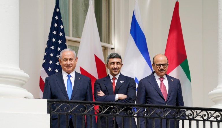 Israeli Prime Minister Benjamin Netanyahu, United Arab Emirates Foreign Minister Abdullah bin Zayed al-NahyanAbraham and Bahrain Foreign Minister Khalid bin Ahmed Al Khalifa, stand on the Blue Room Balcony during the Abraham Accords signing ceremony on the South Lawn of the White House, Tuesday, Sept. 15, 2020, in Washington.