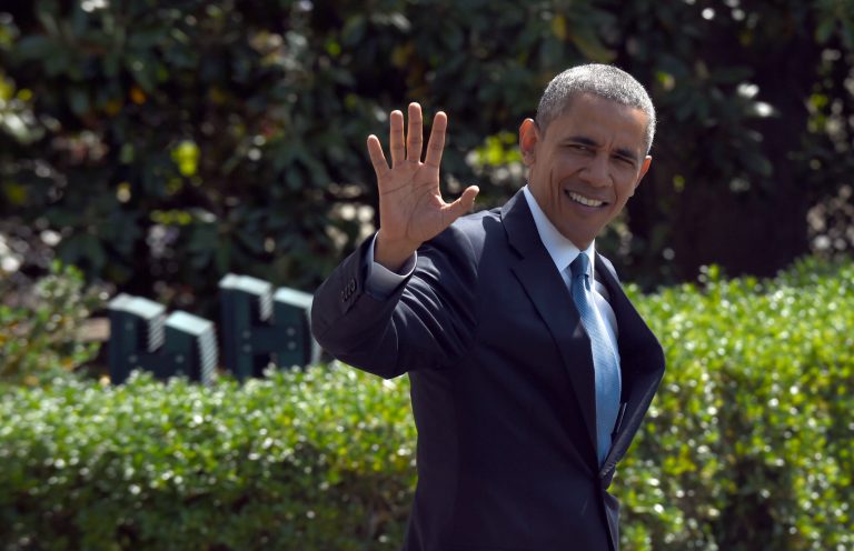 President Barack Obama waves as he walks toward Marine One on the South Lawn of the White House in Washington, Thursday, May 14, 2015. (AP Photo/Susan Walsh)