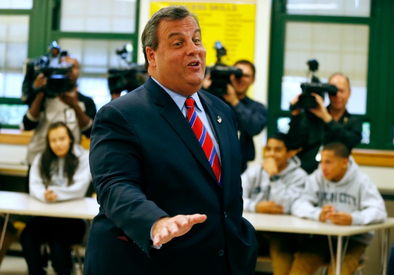 New Jersey Gov. ChrisÂ ChristieÂ visits with students at Jose Marti Freshman Academy in Union City, N.J., on Wednesday. (AP/Rich Schultz)