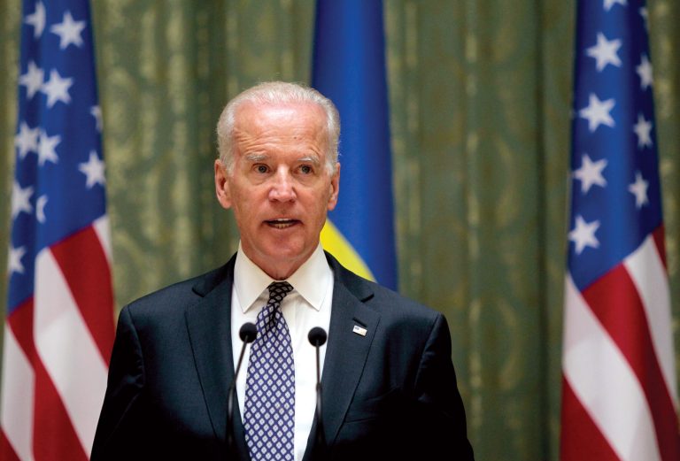 U.S. Vice President Joe Biden speaks as he delivers a joint statement to the press with Ukrainian Prime Minister Arseniy Yatsenyuk in Kiev, Ukraine, Tuesday, April 22, 2014. Biden called on Moscow to encourage pro-Russia separatists in eastern Ukraine to vacate government buildings and checkpoints, accept amnesty and 