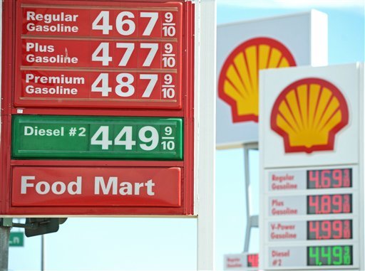 High gas prices are posted at a 76 gas station, foreground, and a Shell station, in Stevenson Ranch, Calif., Friday, Oct. 5, 2012. A 20-cent jump overnight in California gas prices has put the state ahead of Hawaii for the nation's most expensive gas. (AP Photo/Santa Clarita Valley Signal, Jonathan Pobre) MANDATORY CREDIT