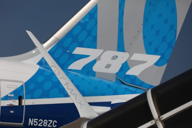 A Boeing Co. 787 jet stands on the tarmac ahead of the Paris Air Show in June 2017. The planemaker said Wednesday it received a $1.1 billion windfall from tax cuts approved late last year. (Chris Ratcliffe/Bloomberg)